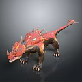 Red And Black Spiked Dinosaur 3D Model With Horns And Textured Skin