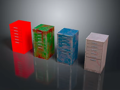 Colorful Metal Chest of Drawers with Multiple Drawers on Dark Surface 3d model