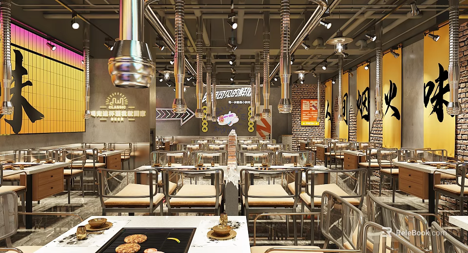 Industrial Modern Restaurant Interior With Yellow Walls Metal Tables Chairs Hanging Lamps And Black Accents 3d model 