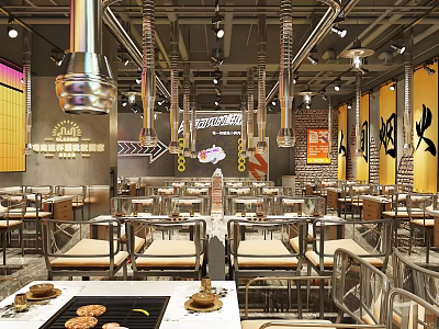 Industrial Modern Restaurant Interior With Yellow Walls Metal Tables Chairs Hanging Lamps And Black Accents 3d model