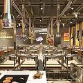 Industrial Modern Restaurant Interior With Yellow Walls Metal Tables Chairs Hanging Lamps And Black Accents