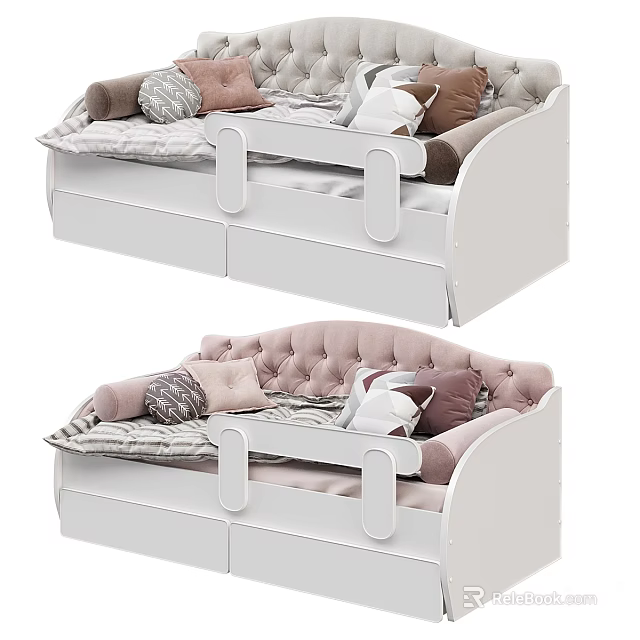 Modern White Kids Bed With Upholstered Headboard Guardrails Storage Drawers And Soft Cushions 3d model 