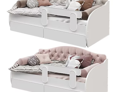 Modern White Kids Bed With Upholstered Headboard Guardrails Storage Drawers And Soft Cushions 3d model