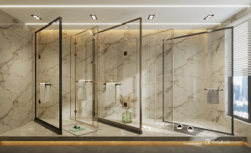 Modern Bathroom Interior With Glass Partition Marble Walls And Shower Area 3d model 