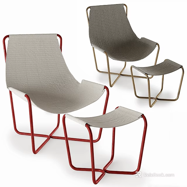 Sleek Modern Accent Chair With Gray Fabric Upholstery Red Metal Frame And Ottoman 3d model 