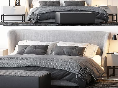 Modern Double Bed With Upholstered Headboard Grey Bedding And Bedside Nightstands 3d model