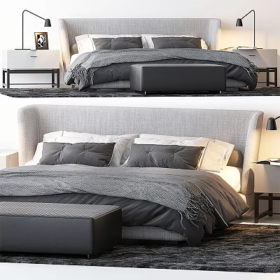 Modern Double Bed With Upholstered Headboard Grey Bedding And Bedside Nightstands 3d model