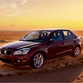 Red Sedan Car Driving Through Desert During Sunset With Dust Clouds