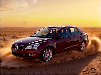 Red Sedan Car Driving Through Desert During Sunset With Dust Clouds 3d model