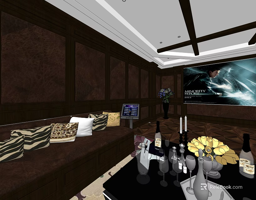 Elegant KTV Room Interior With Brown Walls Sofa Pillows Wine Glasses And Large Screen TV 3d model 