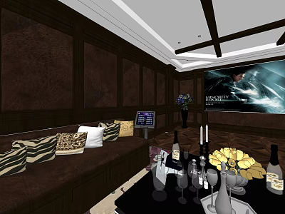 Elegant KTV Room Interior With Brown Walls Sofa Pillows Wine Glasses And Large Screen TV 3d model
