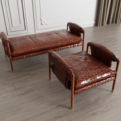 Brown Leather Stools with Crocodile Texture and Metal Legs in Modern Interior with Wooden Floor 3d model