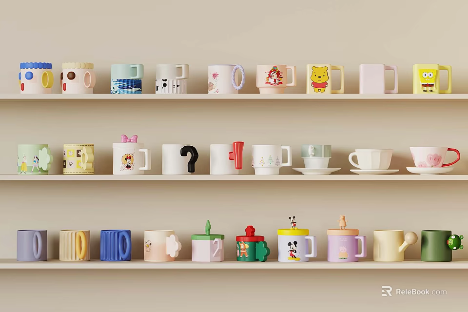 Colorful Mugs And Cups With Various Designs Arranged On Shelves 3d model 