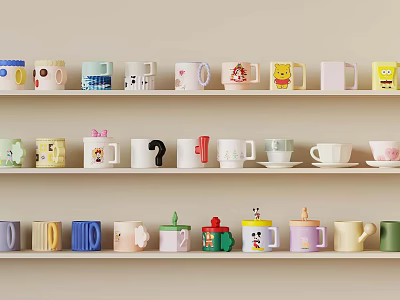 Colorful Mugs And Cups With Various Designs Arranged On Shelves 3d model