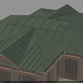 Traditional Building With Green Sloped Roofs And Red Brick Walls