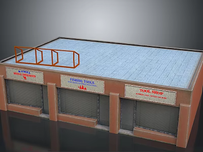 Commercial Building Model With Retail Shops Brown Walls Gray Roof And Orange Railings 3d model