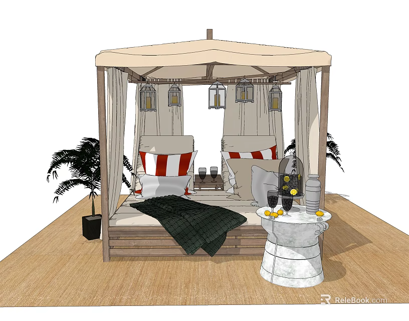 Comfortable Outdoor Chairs in Canopy with Red White Striped Cushions and Potted Plants 3d model 