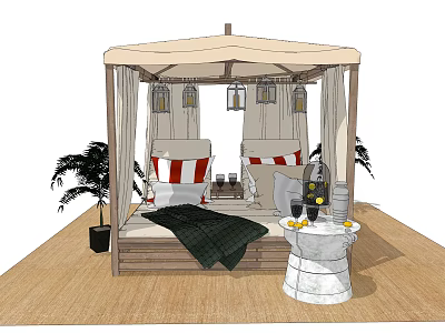 Comfortable Outdoor Chairs in Canopy with Red White Striped Cushions and Potted Plants 3d model