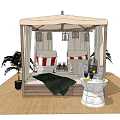 Comfortable Outdoor Chairs in Canopy with Red White Striped Cushions and Potted Plants