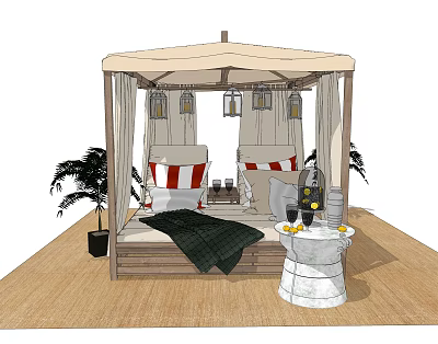 Comfortable Outdoor Chairs in Canopy with Red White Striped Cushions and Potted Plants 3d model