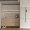 Modern Kitchen Sideboard With Light Wood Cabinets Stone Countertop And LED Strip Lighting