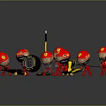 Cartoon Racing Game Characters with Red Helmets Yellow Ferrari Logos Tires and Steering Wheels