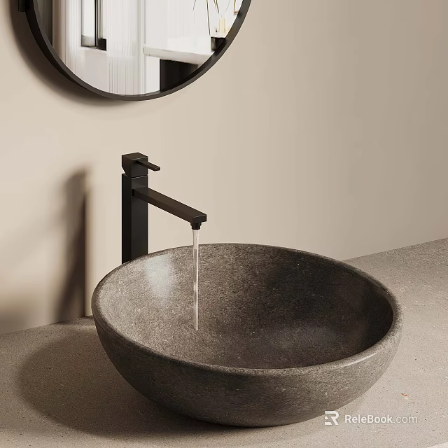 Modern Stone Bathroom Basin With Black Faucet Round Mirror And Light Wall 3d model 