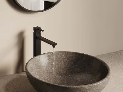 Modern Stone Bathroom Basin With Black Faucet Round Mirror And Light Wall 3d model