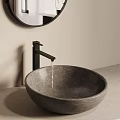 Modern Stone Bathroom Basin With Black Faucet Round Mirror And Light Wall