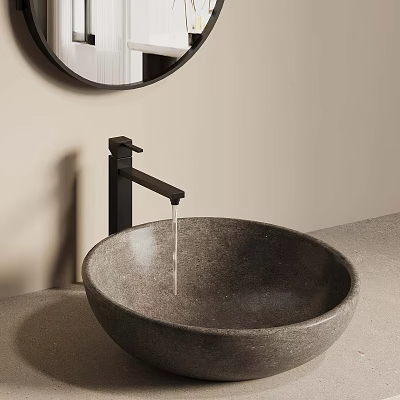 Modern Stone Bathroom Basin With Black Faucet Round Mirror And Light Wall 3d model