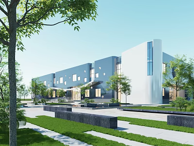 Modern Blue And White Office Building Exterior With Glass Windows Landscaped Garden And Trees 3d model