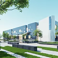 Modern Blue And White Office Building Exterior With Glass Windows Landscaped Garden And Trees