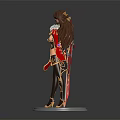 Horned Female Fantasy Warrior With Long Brown Hair Red Gold Outfit And Weapon On Pedestal
