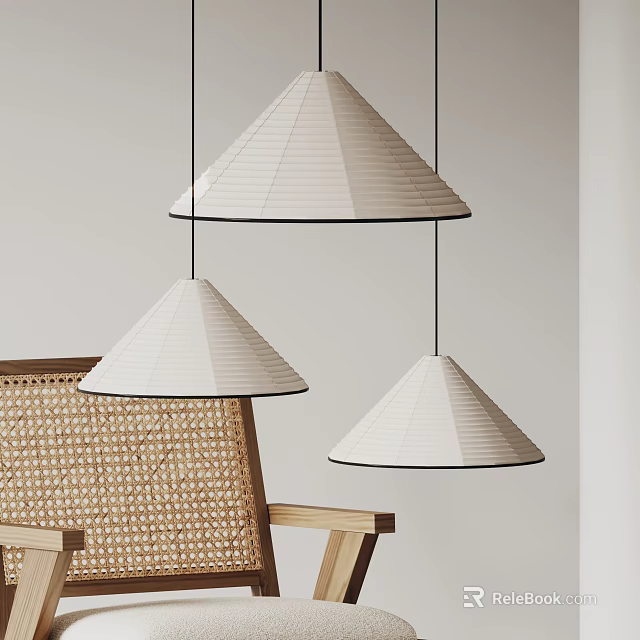 Three Conical White Textured Chandeliers Hanging In Interior With Wicker Chair 3d model 
