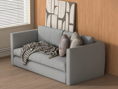 Gray Two Seater Sofa With Blanket And Pillows Against Wooden Wall And Window Blinds 3d model