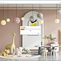 Pastel Pink Playroom Interior With Hanging Planet Decorations Giraffe Plush Round Rug And Small Table
