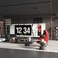 Modern Living Room Interior With Marble TV Wall Gray Sofa Red Accent Chair Coffee Table