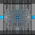 Modern Elevator Door With Circuit Board Pattern Blue Chip White Circuits And Blue Screens