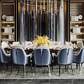 Luxurious Private Dining Room Interior With Round Table Blue Chairs Golden Chandelier And Yellow Flower Arrangement