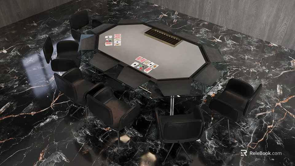 High end Octagonal Poker Table Recreation Equipment with Black Chairs and Playing Cards on Marble Floor 3d model 