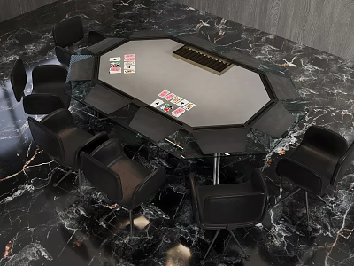 High end Octagonal Poker Table Recreation Equipment with Black Chairs and Playing Cards on Marble Floor 3d model