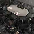 High end Octagonal Poker Table Recreation Equipment with Black Chairs and Playing Cards on Marble Floor