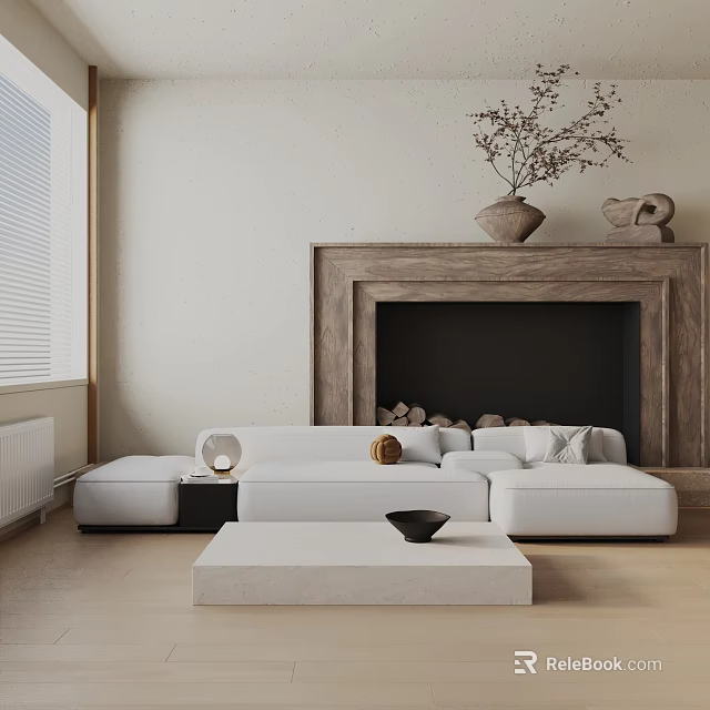 Modern Minimalist Three Seater Sofa In Living Room With Fireplace Coffee Table And Decorative Ornaments 3d model 