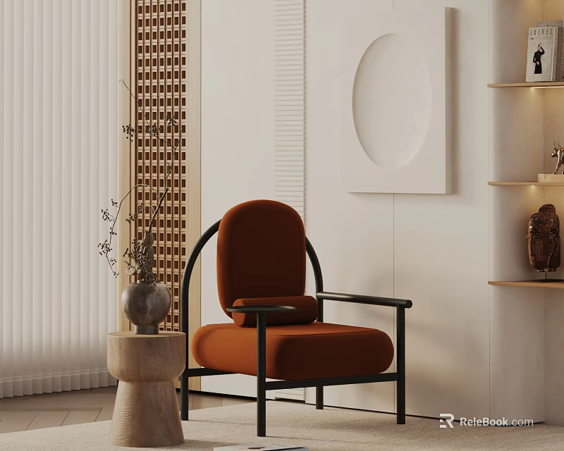 Modern Orange Lounge Chair With Black Frame Small Side Table And Circular Wall Art 3d model