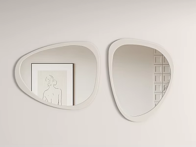 Two Irregular Shaped White Frame Mirrors Reflecting Artwork and Grid Cabinet in Wall Decor 3d model