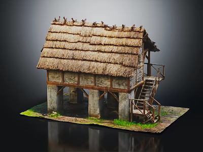 Traditional Thatch Roof House On Stone Pillars With Wooden Staircase And Green Grass 3d model