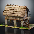 Traditional Thatch Roof House On Stone Pillars With Wooden Staircase And Green Grass