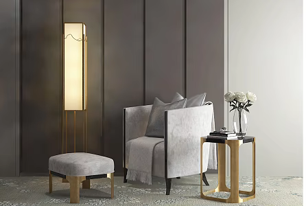 New Chinese Style Single Sofa Gray Fabric Sofa Coffee Table Combination 3d model