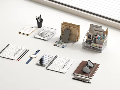 Organized Notebook Setup with Pens Watch Phone Sunglasses and Documents on White Desktop 3d model