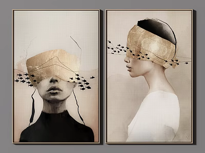 Abstract Portrait Paintings With Geometric Shapes Gold Accents And Black Birds 3d model